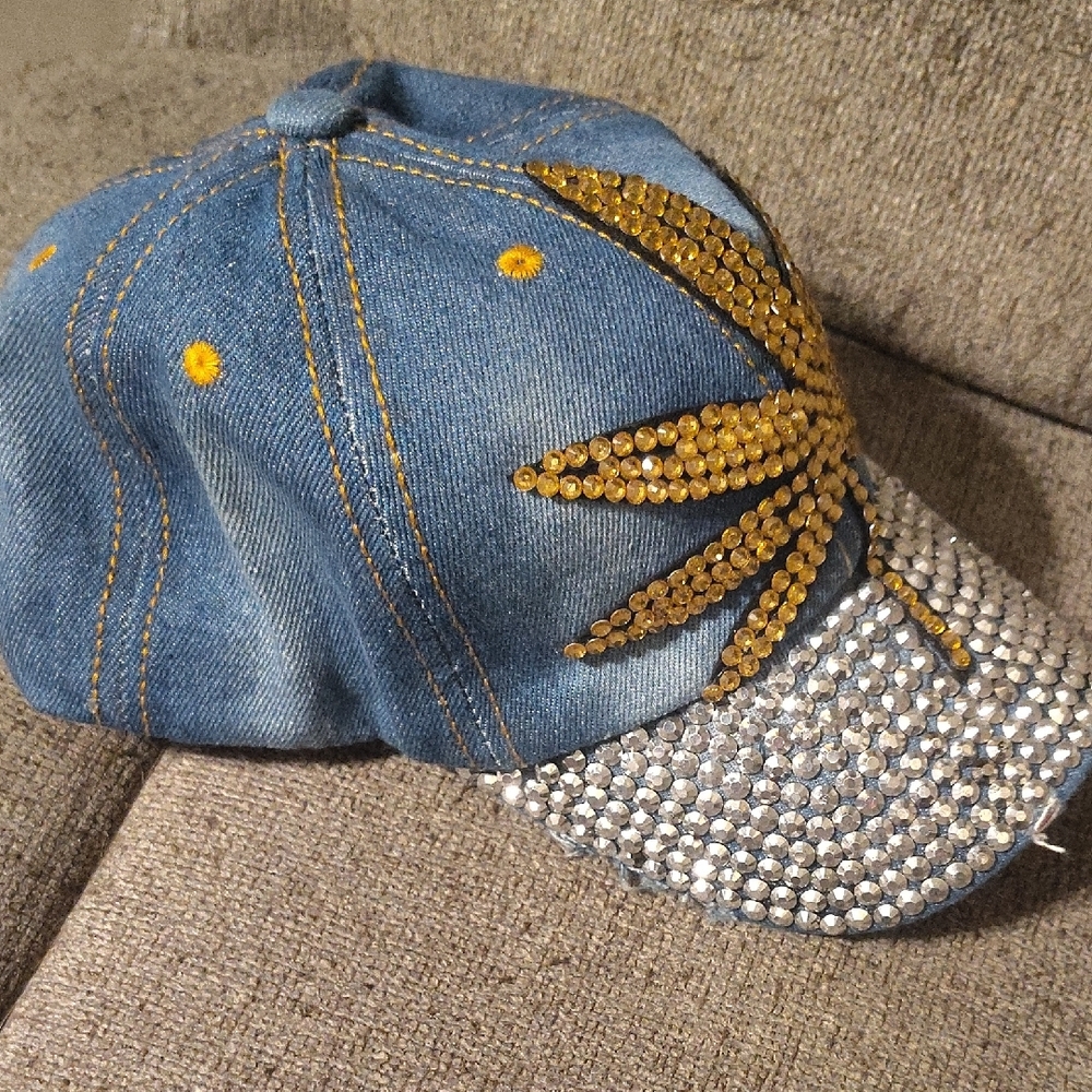 Embellished Denim Cap with Gold Leaf Design - Picture 2 of 6